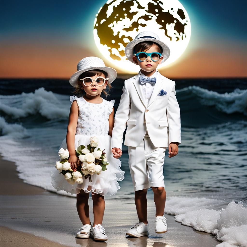Toddler Models on Ocean Under Full Moon