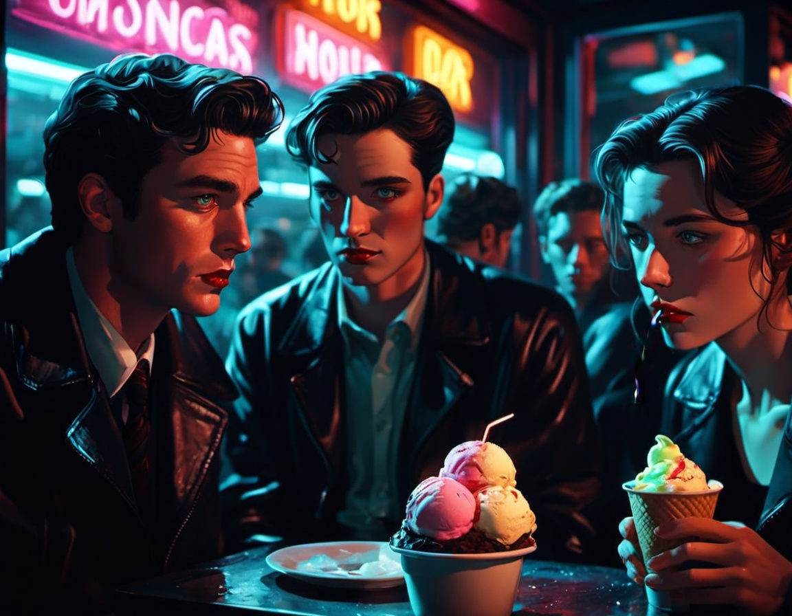 Vibrant Cafe Scene in Film Noir Style