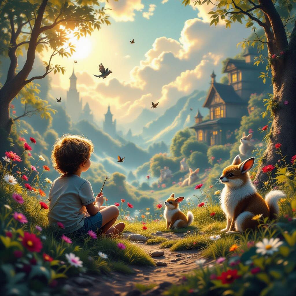 Whimsical Dreamscape: Creatures and Colors on Canvas