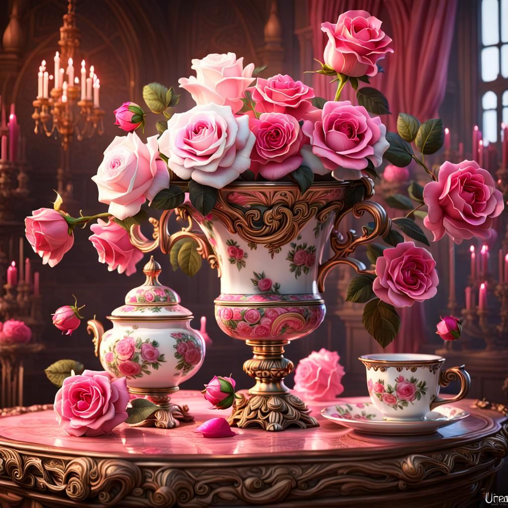 Vintage Still Life with Gourds and Roses