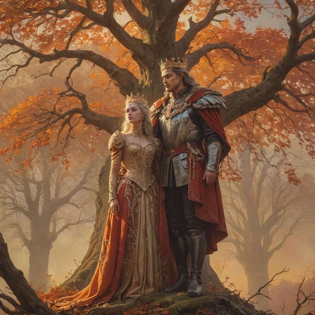 Regal Couple in Autumn Fantasy, Oil Painting Style