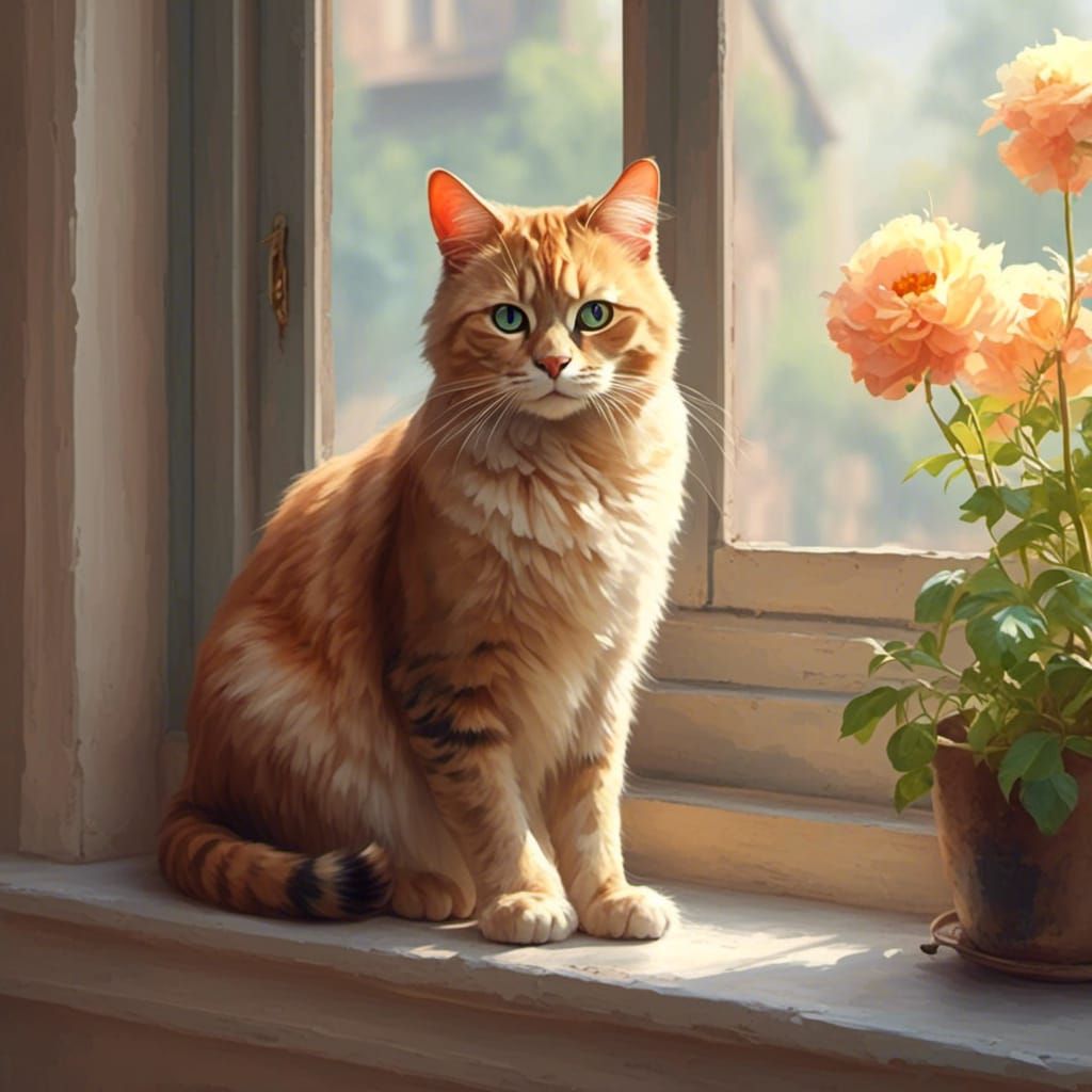 Cat on Windowsill in Realistic Digital Art