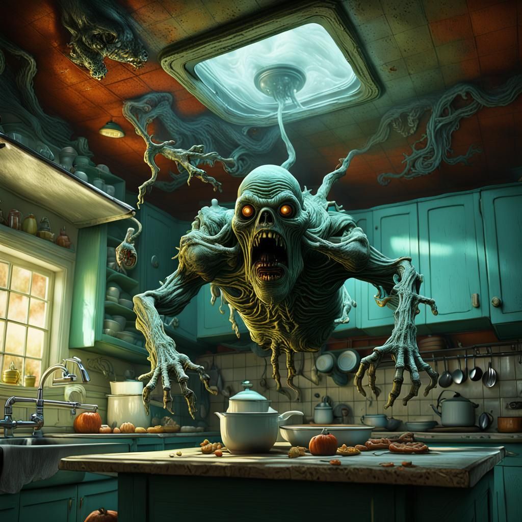 Creepy Ghost Monster in Kitchen, Detailed Digital Art