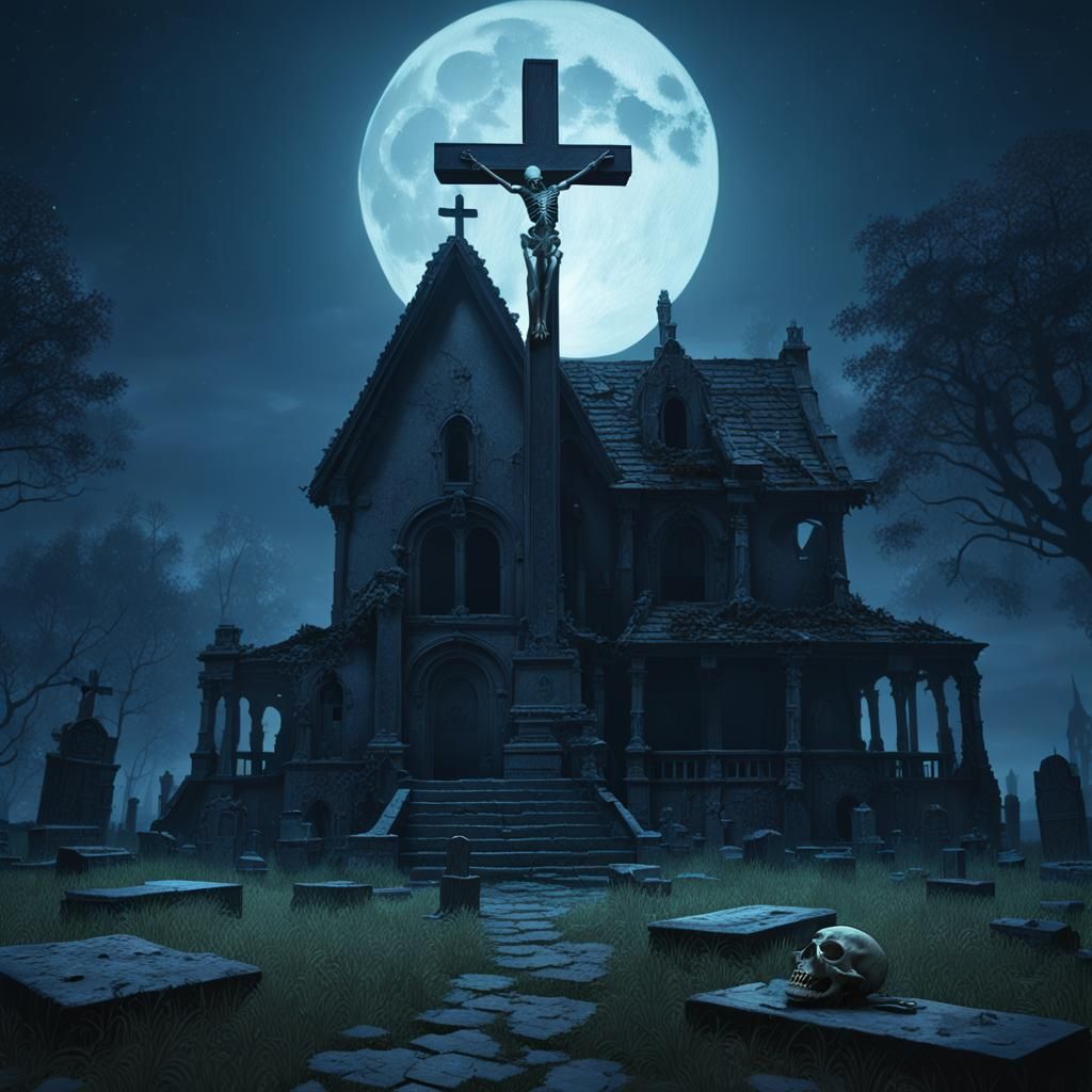 Graveyard House at Night: Dark Fantasy Concept Art