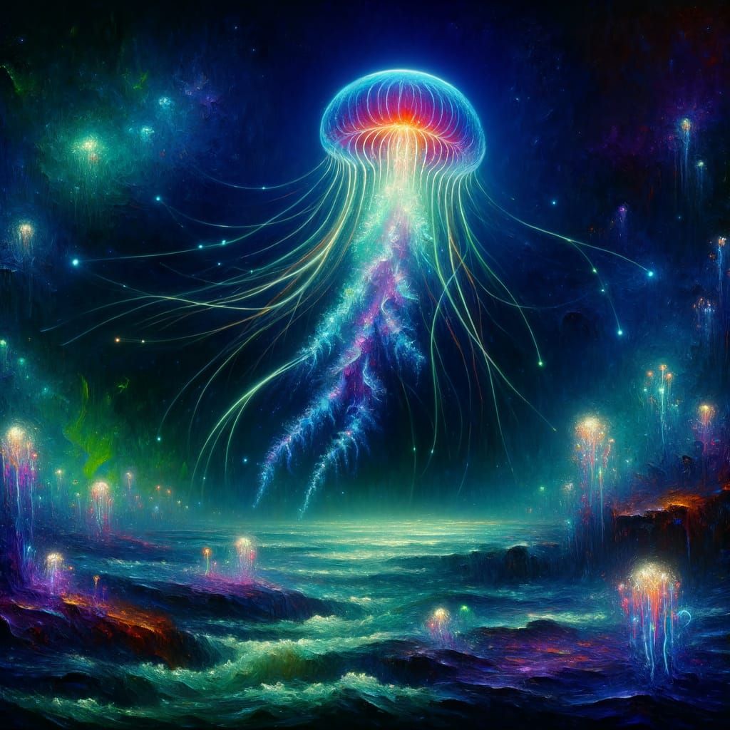 Bioluminescent Jellyfish in Alien Ocean Depths