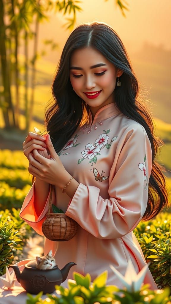 Asian Woman in Serene Tea Garden