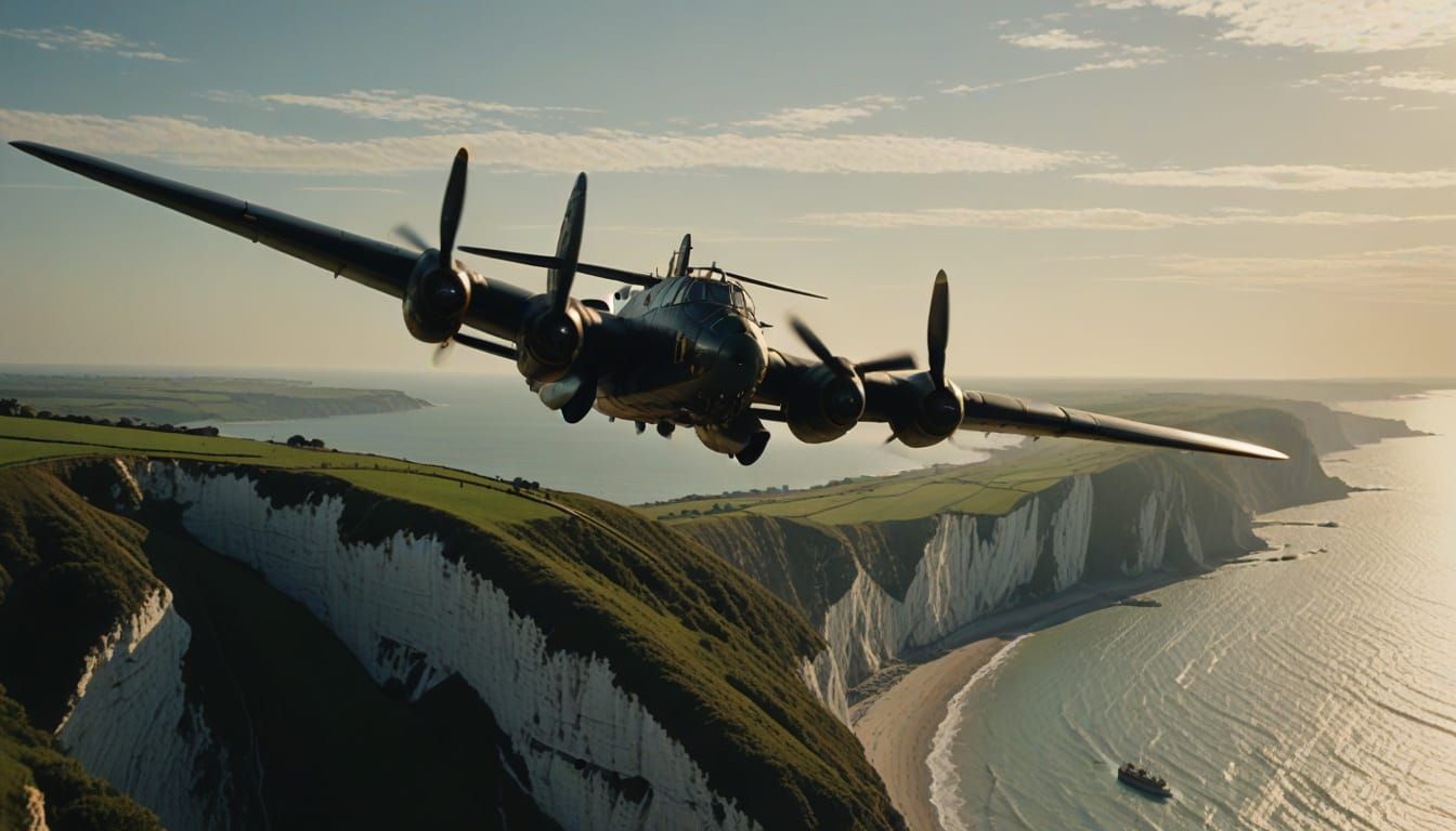 Lancaster Bomber Soars Over Dover Cliffs in Cinematic Style