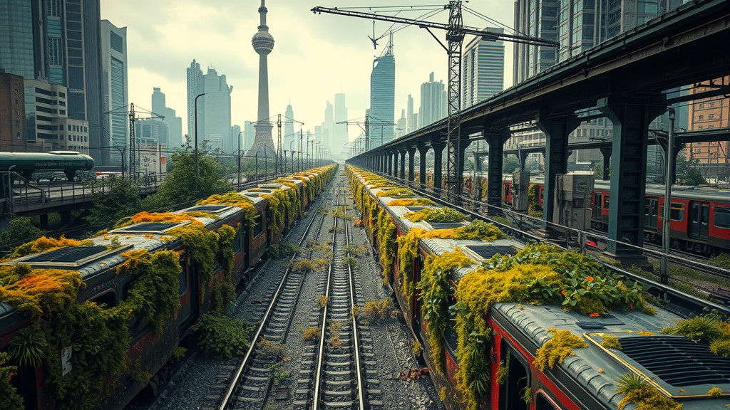 Overgrown Train Yard in Dystopian Cityscape