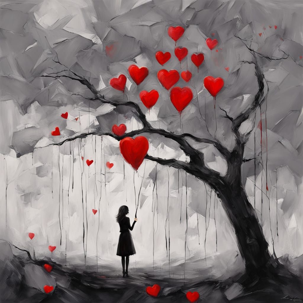 Melancholic Grayscale Impasto Landscape with Broken Hearts