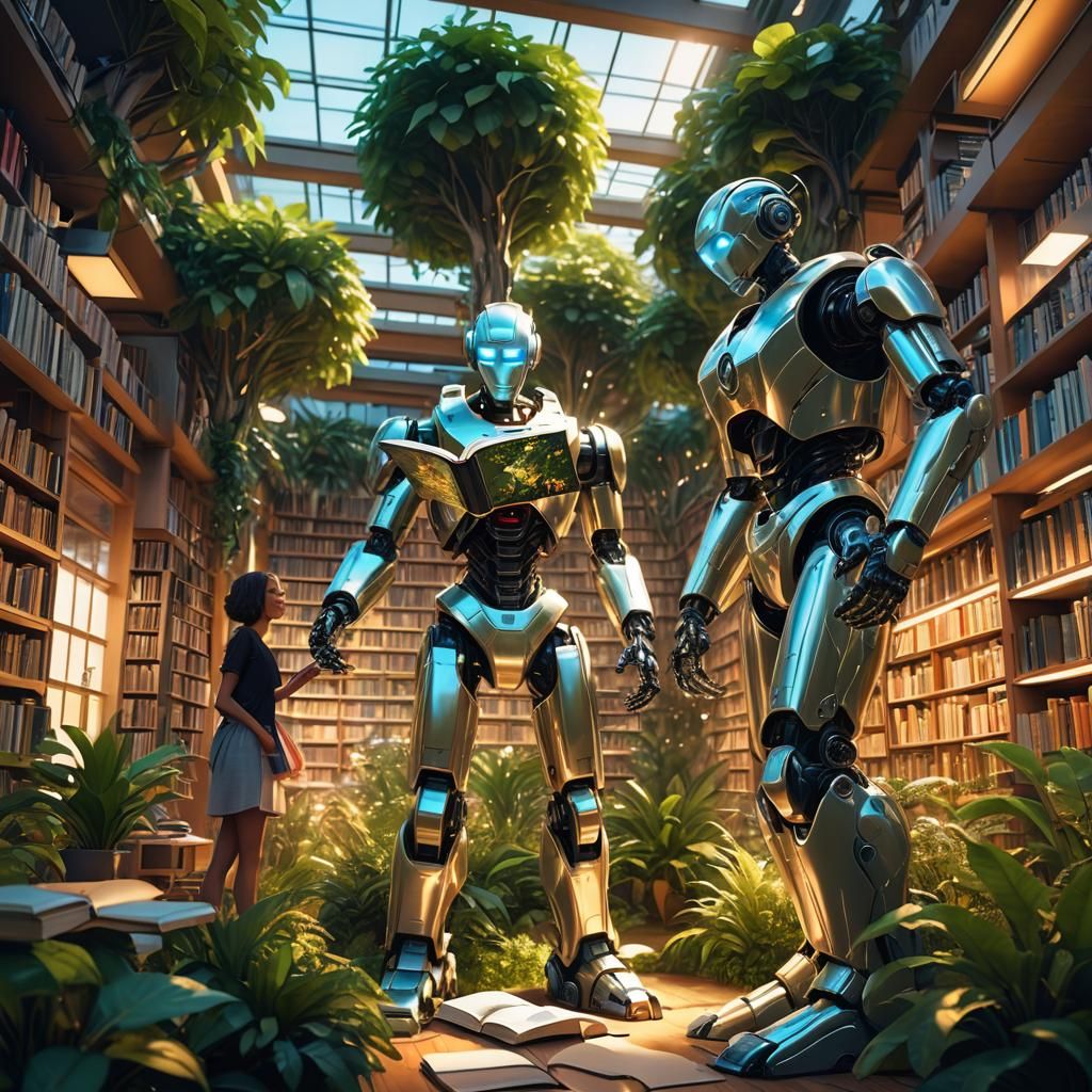 Futuristic Garden Library: Robots Reading in Techno-Nature F...