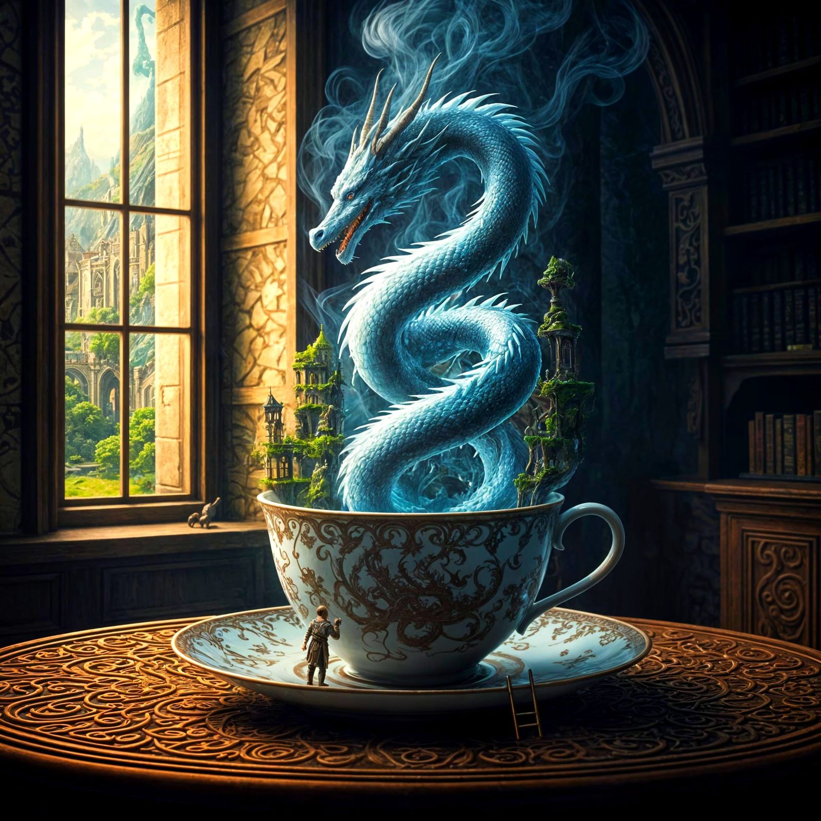 Cosmic Dragon Emerges from Teacup: Fantasy Art