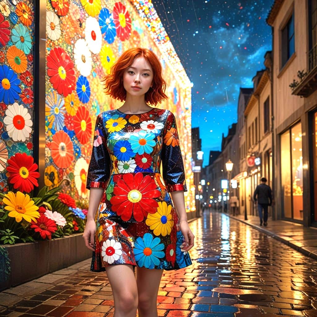 Red Haired Woman on Neon Streets with Geometric Dress