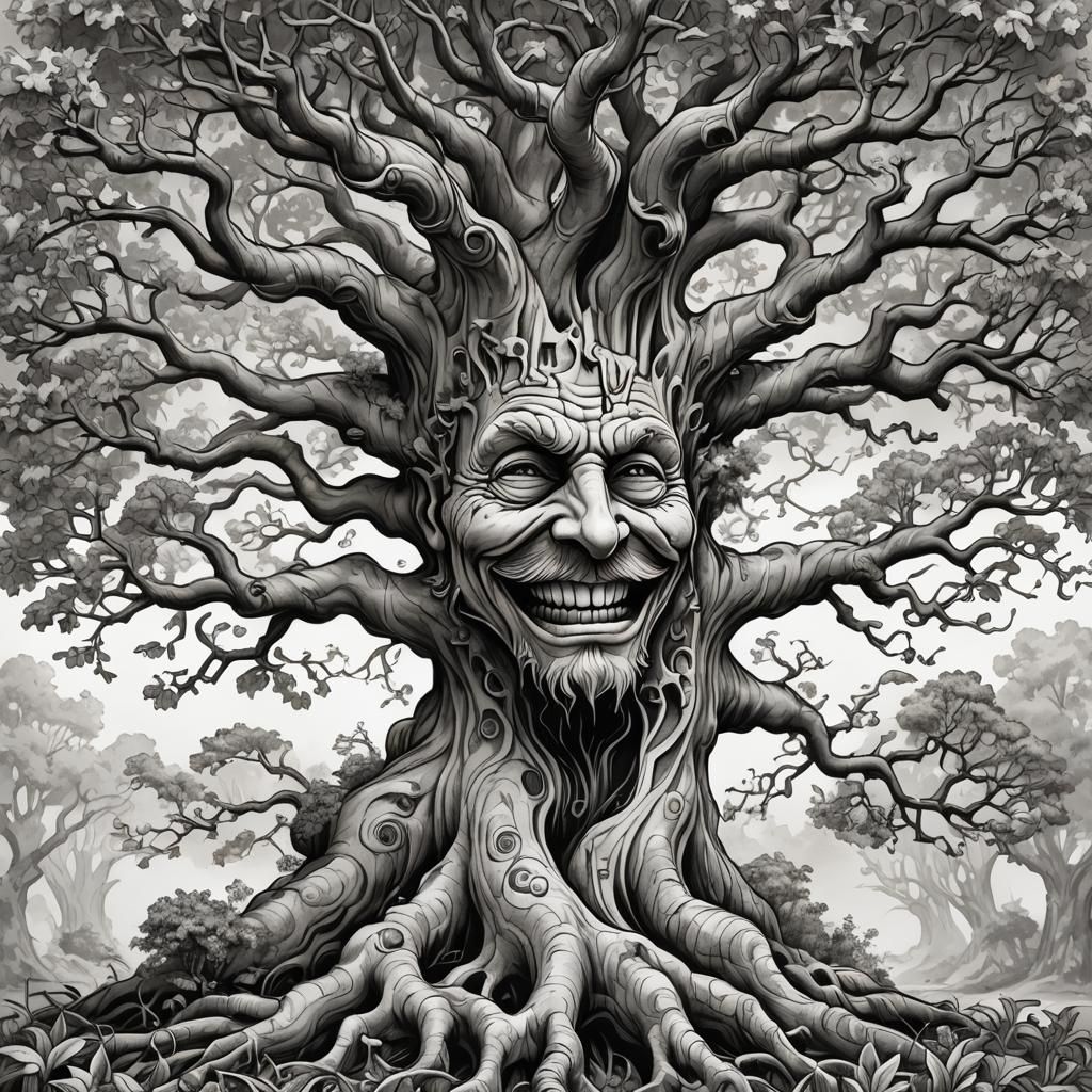 Magical Oak Tree in Stained Glass Tattoo Style