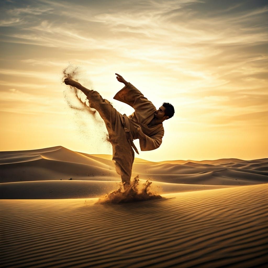 Colossal Sand Silhouette Kicking at Sunset