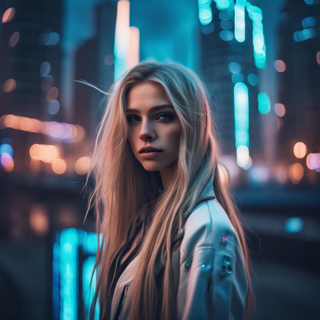Mysterious Artist in Neon Futuristic Cityscape