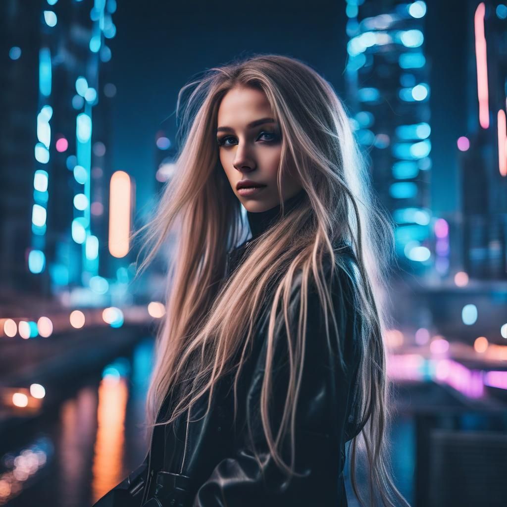 Mysterious Artist in a Neon Futuristic Cityscape