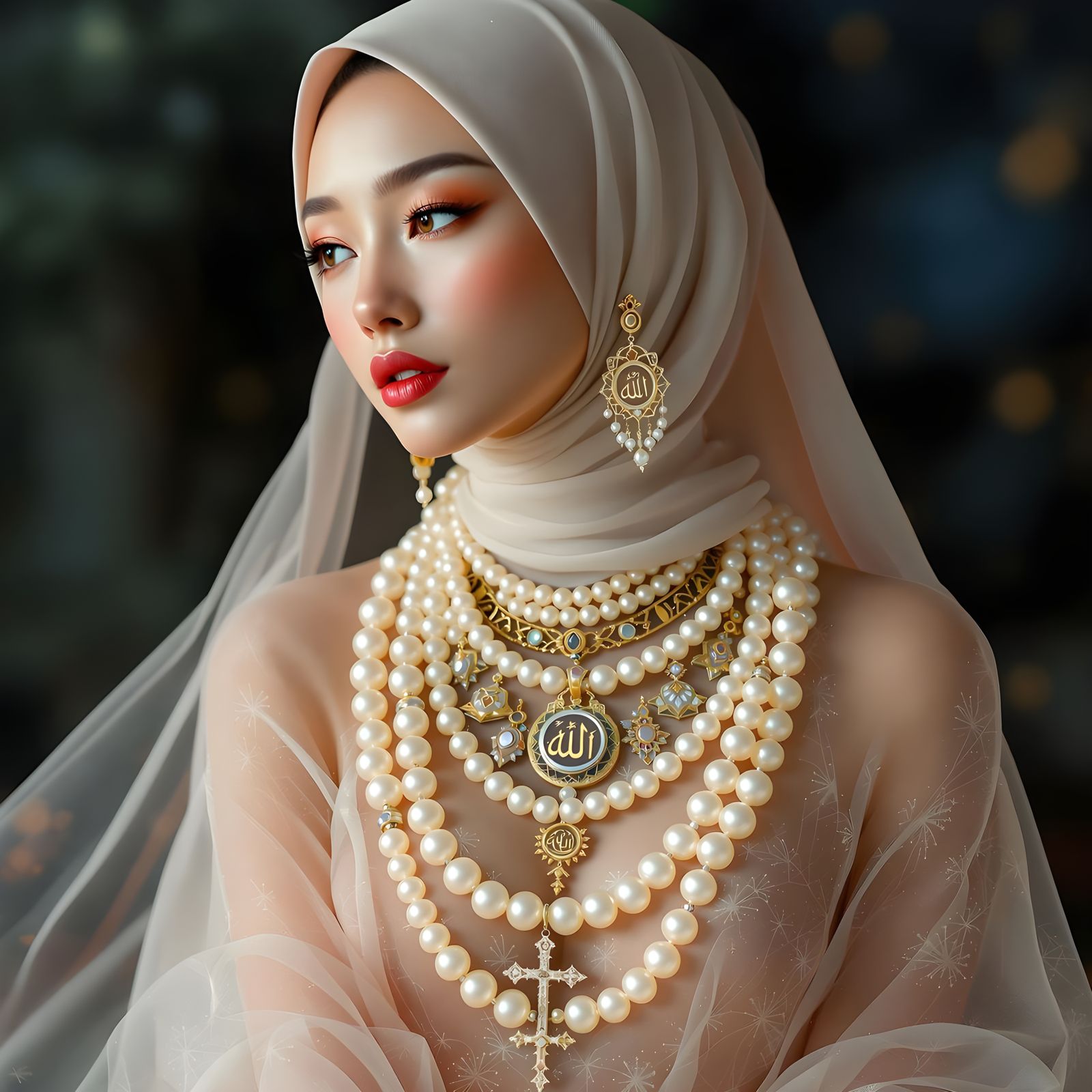Elegant Asian Woman with Pearl Body Chain, Dreamy Art