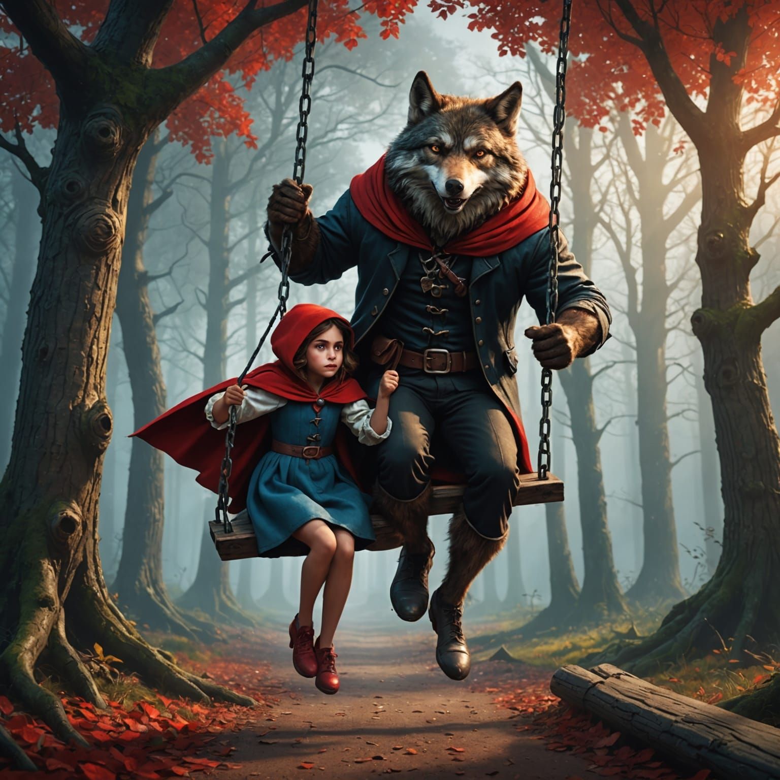 Big Bad Wolf Pushing Red Riding Hood on Swing