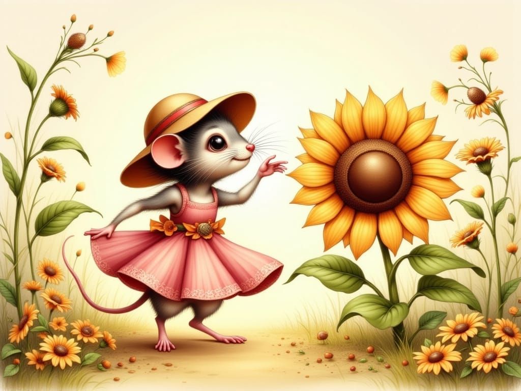 Mouse Dances with Sunflower in Watercolor Style