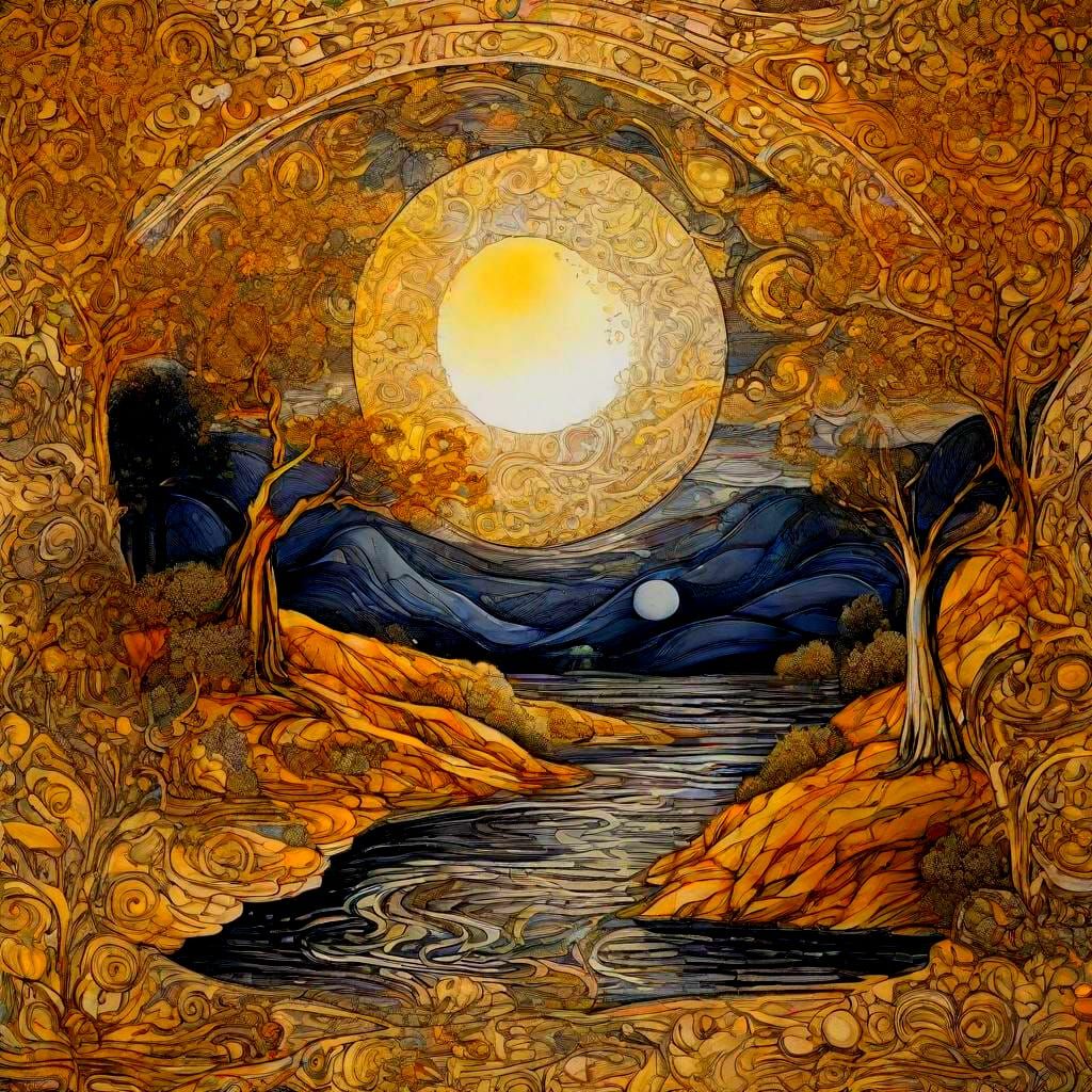 Golden Moon Over Detailed Impressionist Landscape
