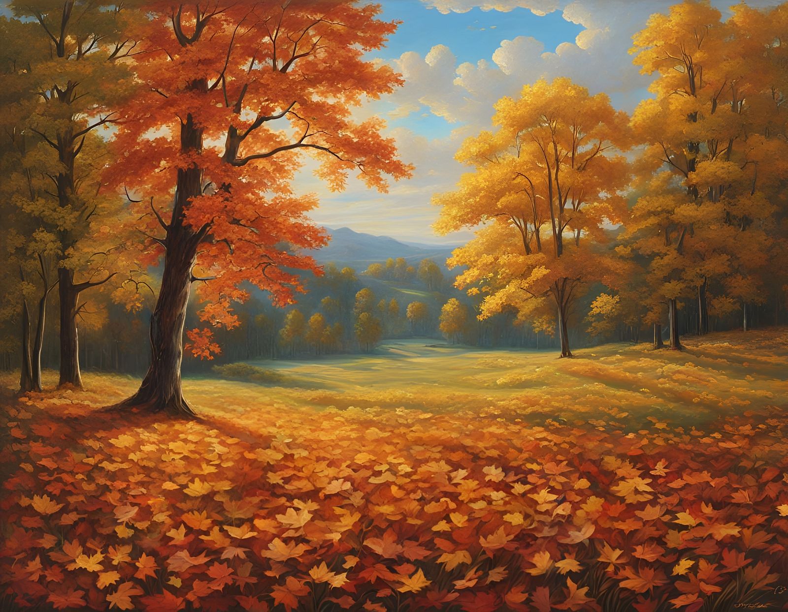 Hyperrealistic Autumn Leaves in Wildflower Meadow