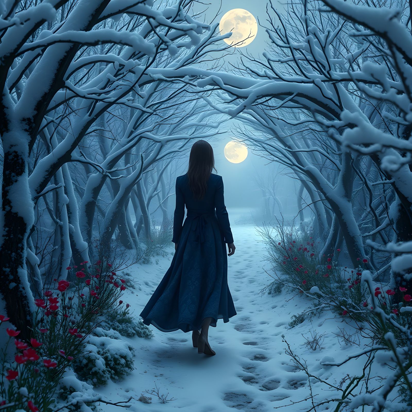 Ethereal Snowy Tunnel in Fairytale Moonlight