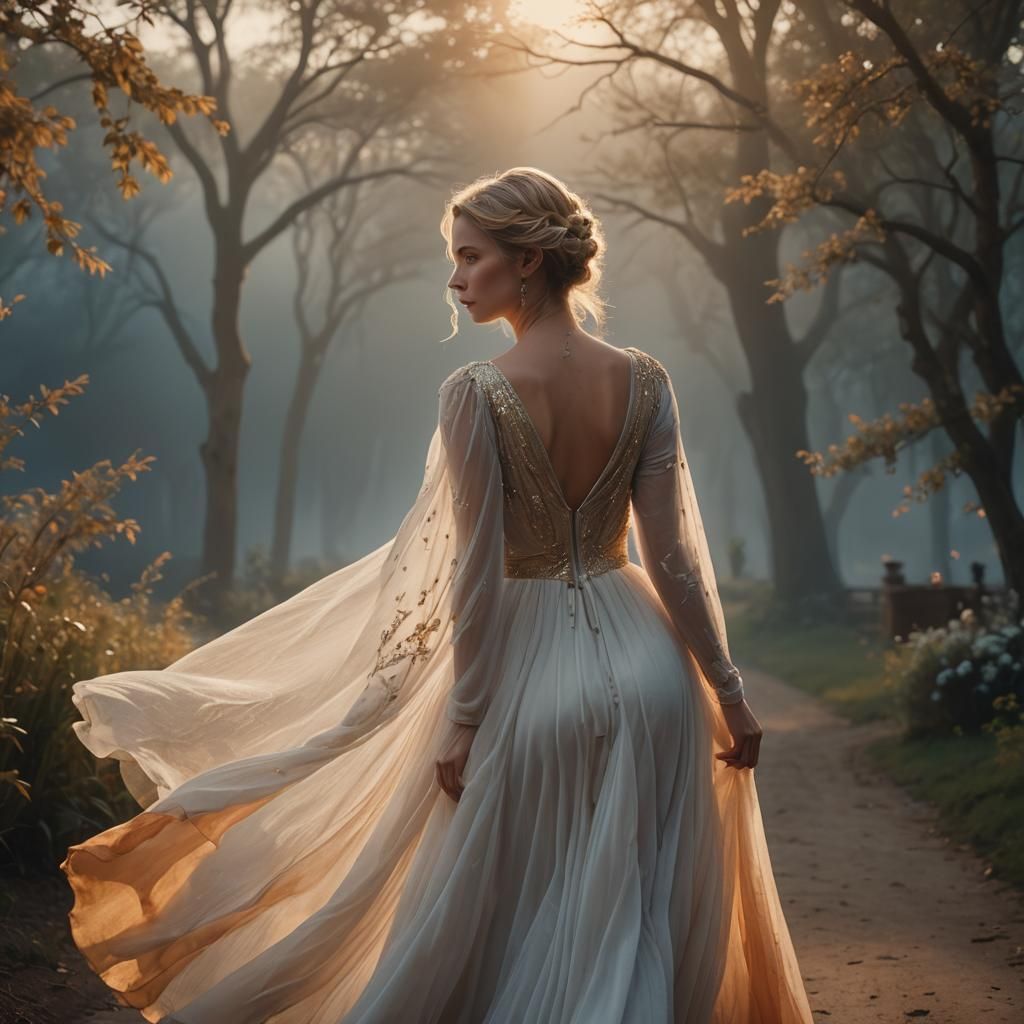 Woman in White Gown in Magical Realist Style