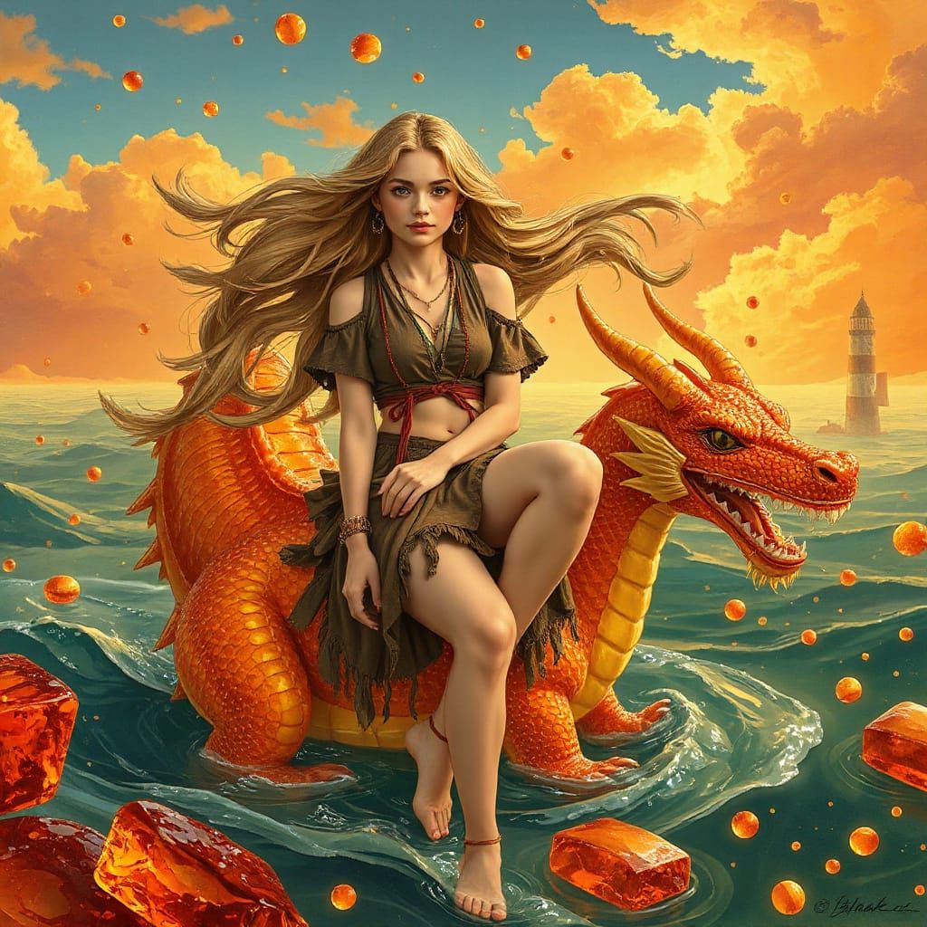 Bohemian Woman on Gummy Dragon in Effervescent Soda Sea