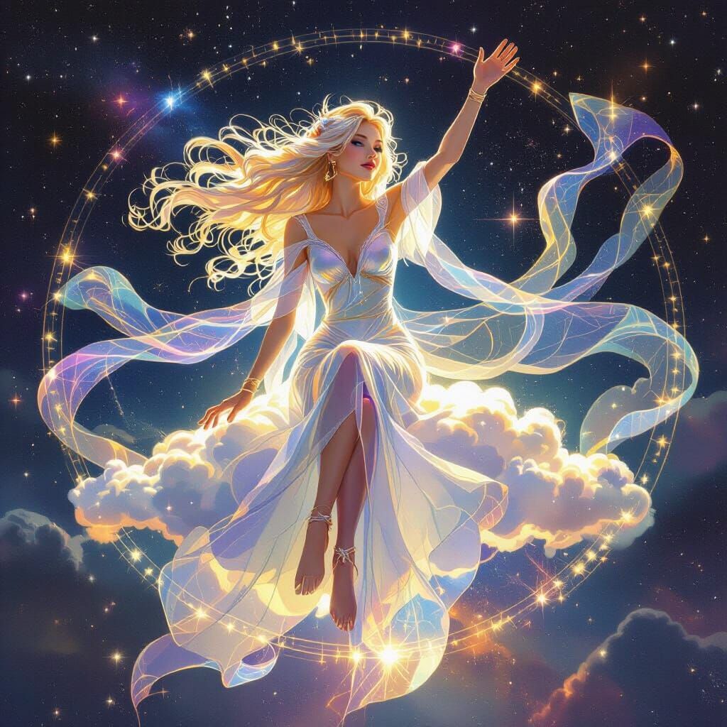 Ariana Celestial Being Waving from Cloud in Cosmic Light