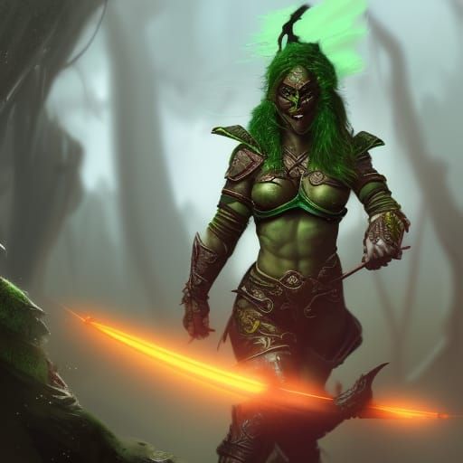 Green Orc Bandit Woman: Detailed Fantasy Art