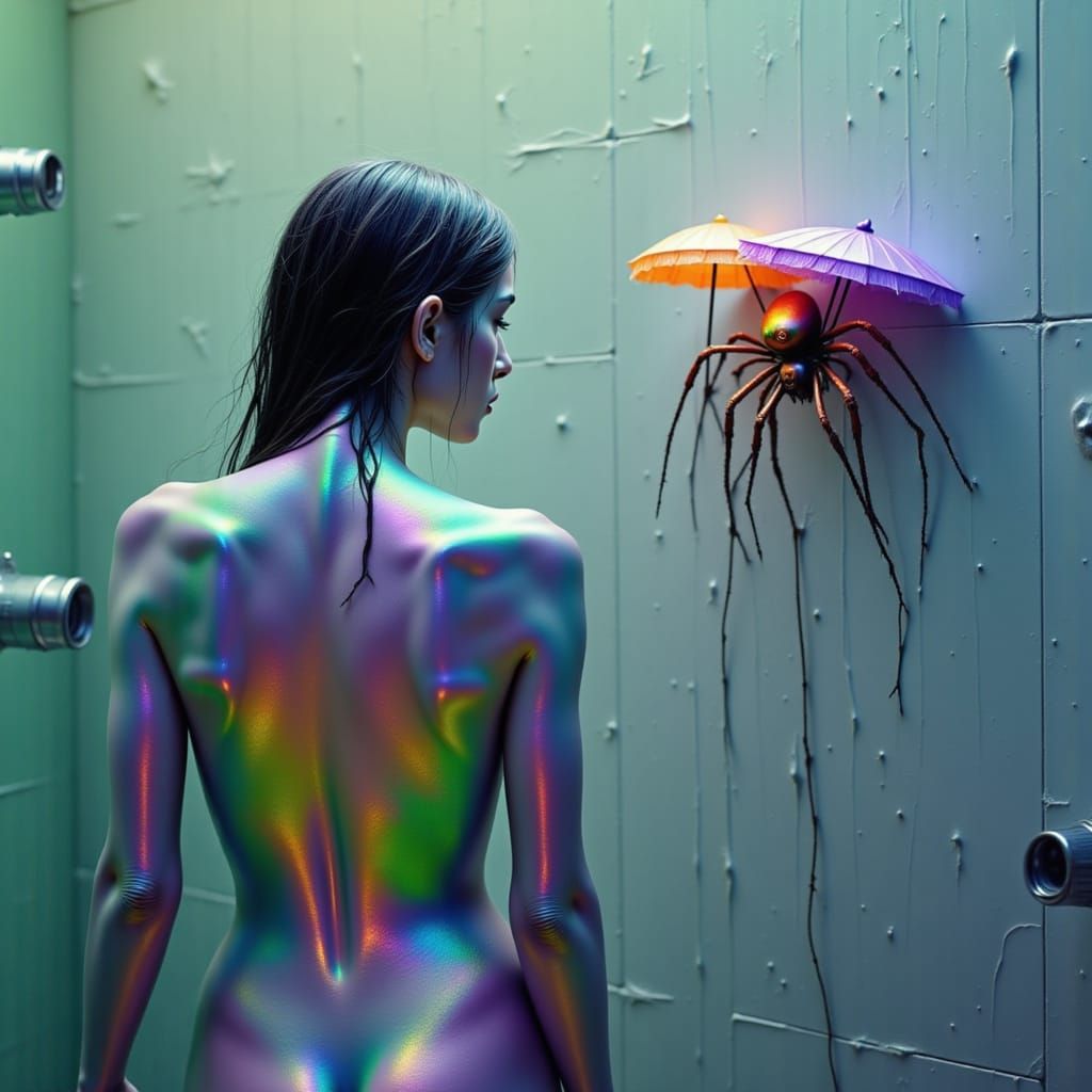 Iridescent Woman Showering with Spider