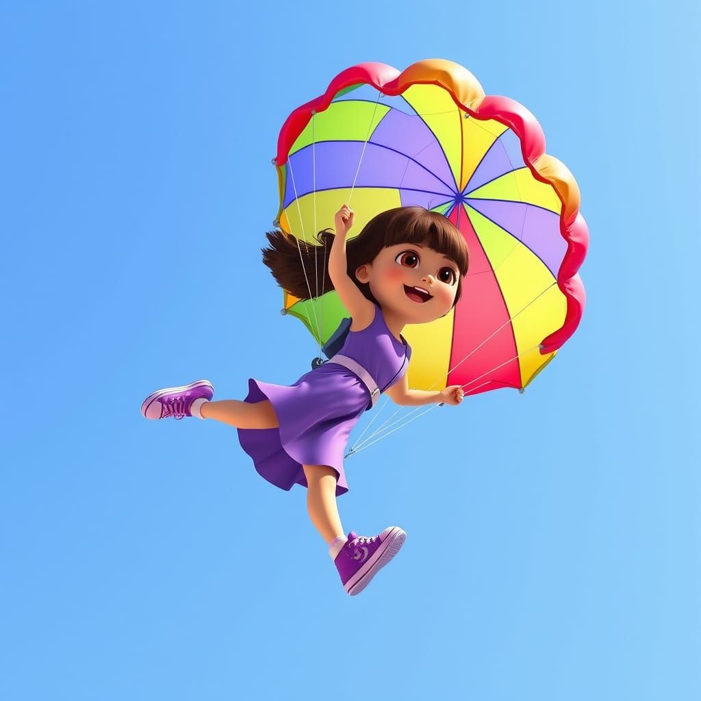 Dora Skydiving with Striped Parachute in 3D Style