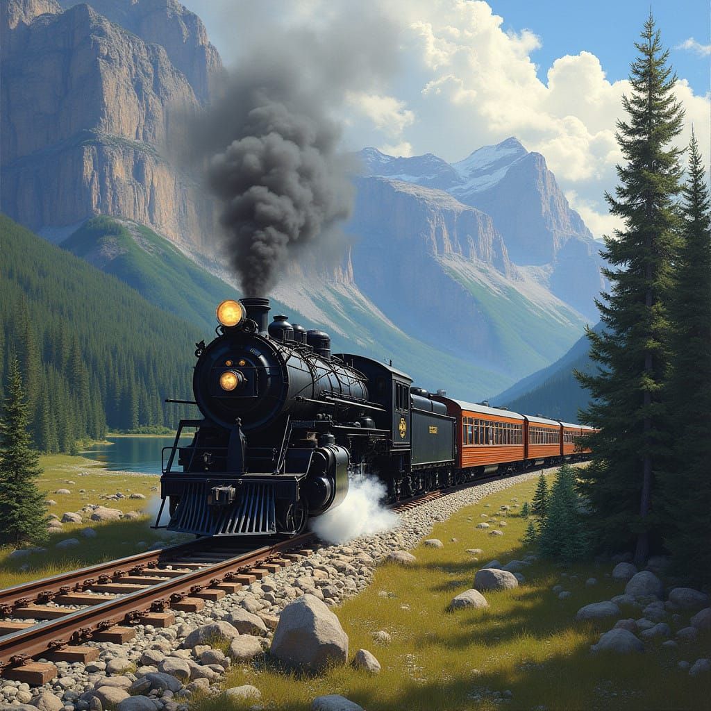 Majestic Steam Locomotive Powers Across Mountain Landscape