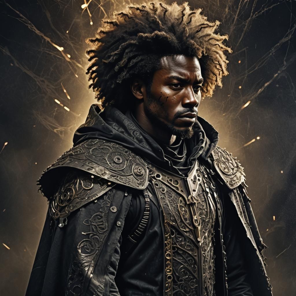 Cyberninja: Gothic Afro Warrior in High-Contrast Lighting