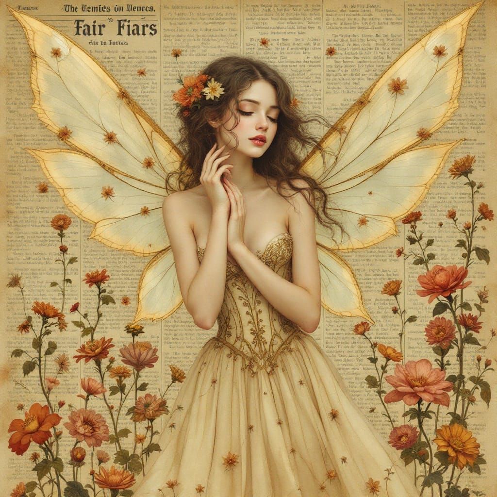 Vintage Fairy with Art Nouveau Wings on Sepia Newspaper
