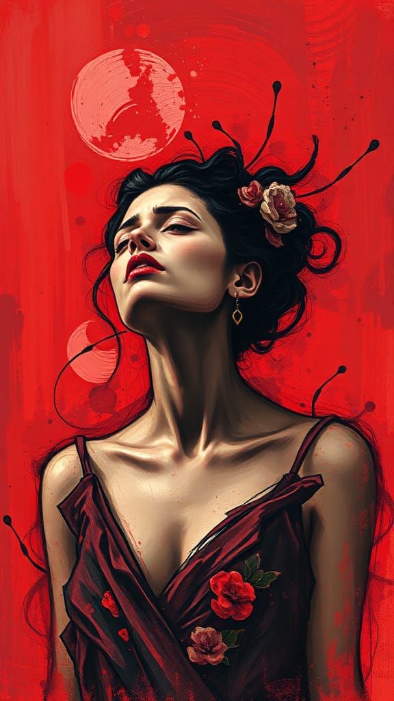 Distressed Woman Surrounded by Abstract Shapes