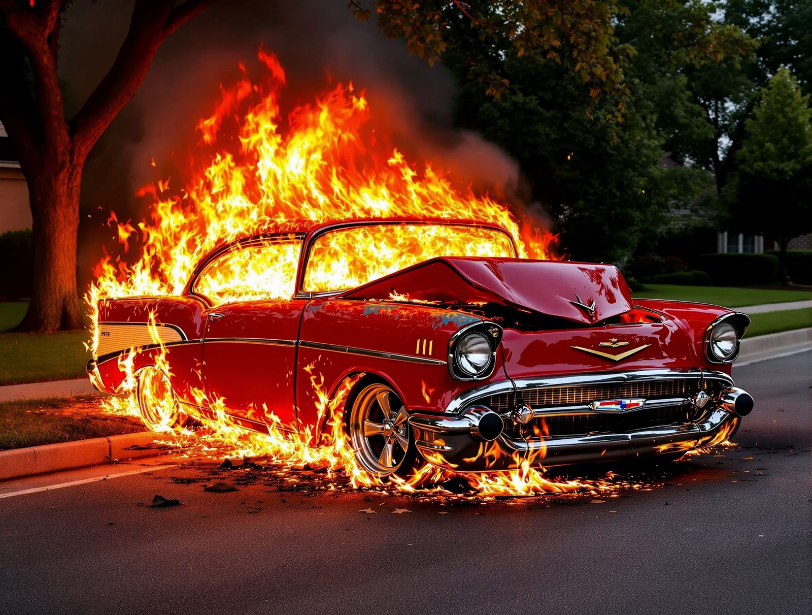 Burning Wrecked 1957 Chevrolet Car in Hyperrealistic Photo