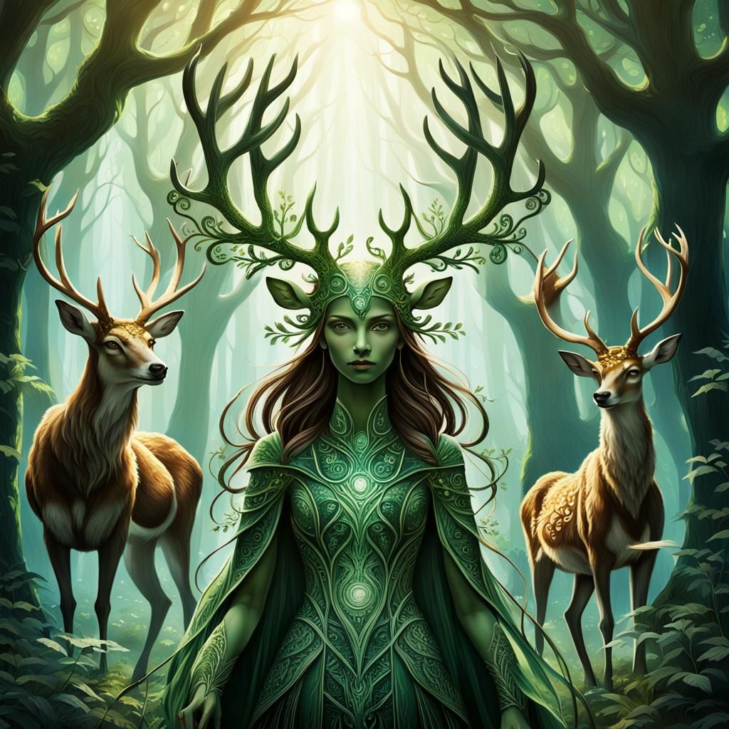 Woman with Antlers in a mystical forest setting