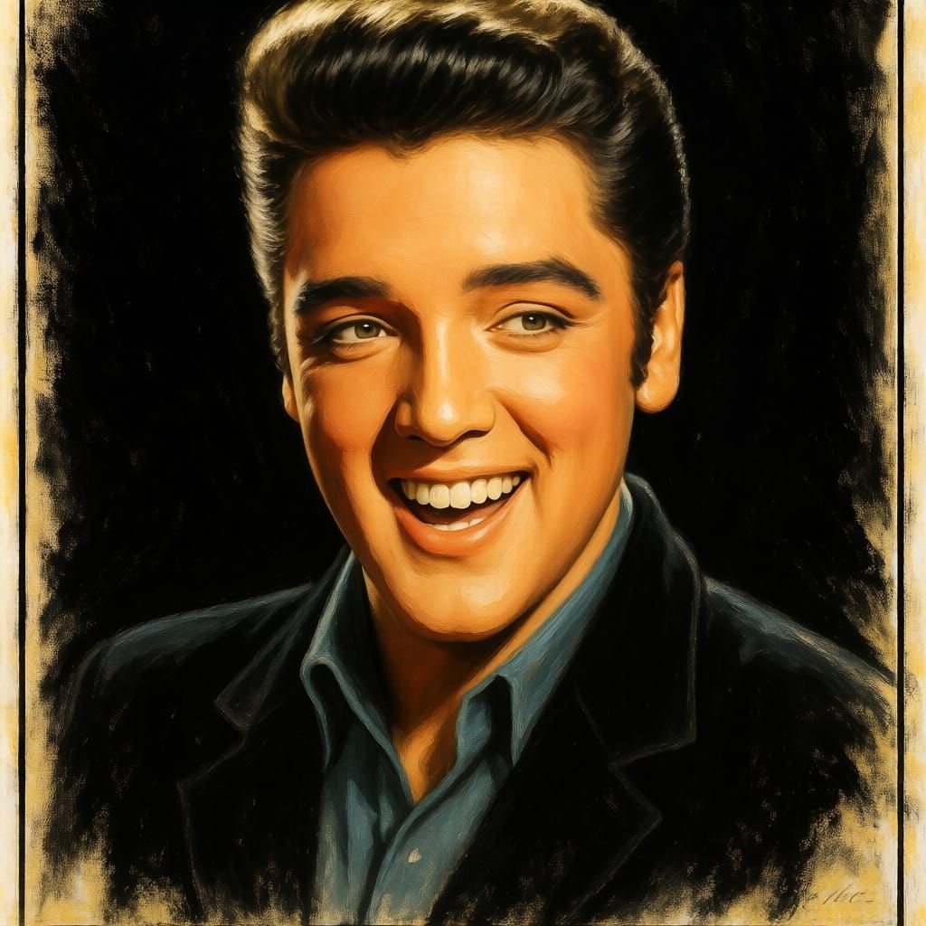 Smiling Young Elvis Presley Portrait on Black Velvet