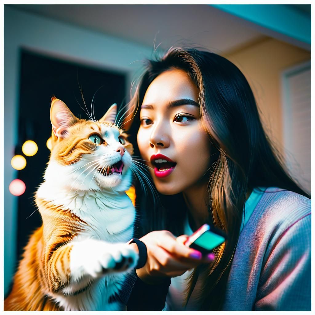 Girl Interrupted by Cat in Dreamy Portrait