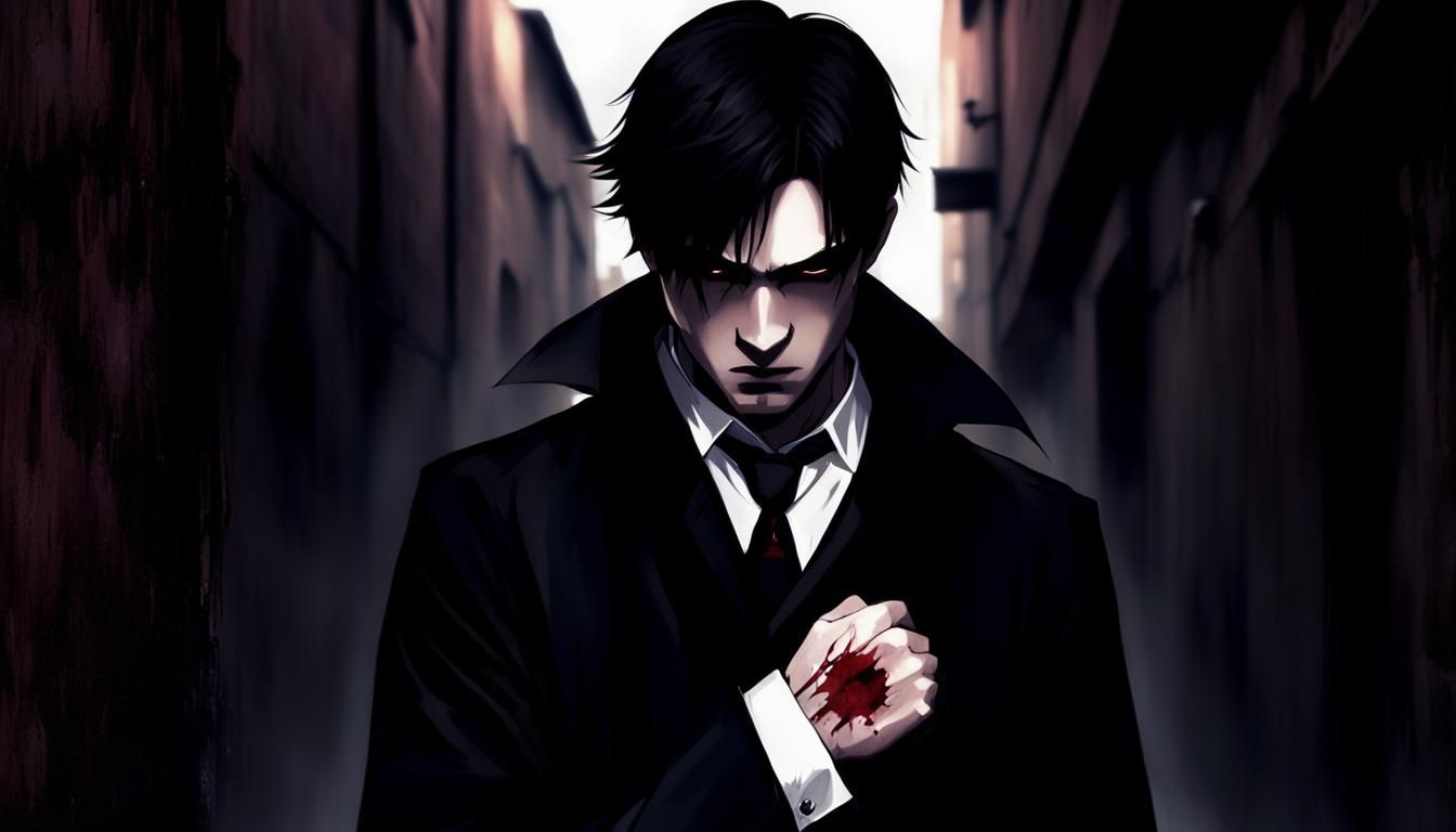 Gothic Young Man with Bloody Fist in Dark Alleyway