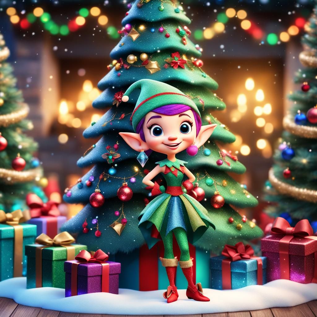 Disney Pixar style 3D adorable Christmas elf, jewel tone colors, glitter and sparkles, decorating a Christmas tree with ...