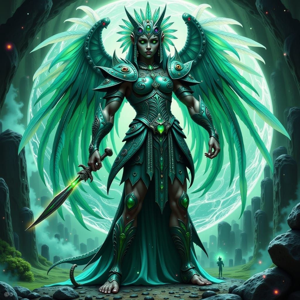 Dark Mystical Quetzalcóatl-Inspired Warrior Goddess