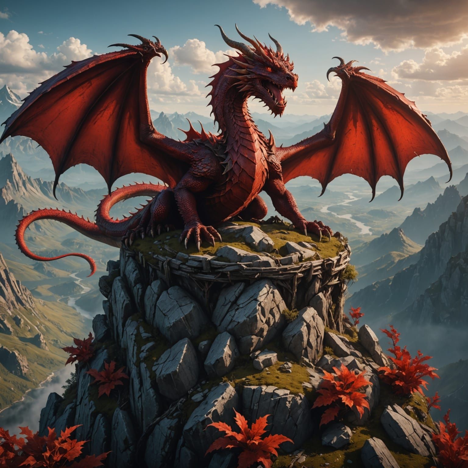 Majestic Red Dragon Reigns Supreme on a Snowy Mountain Peak