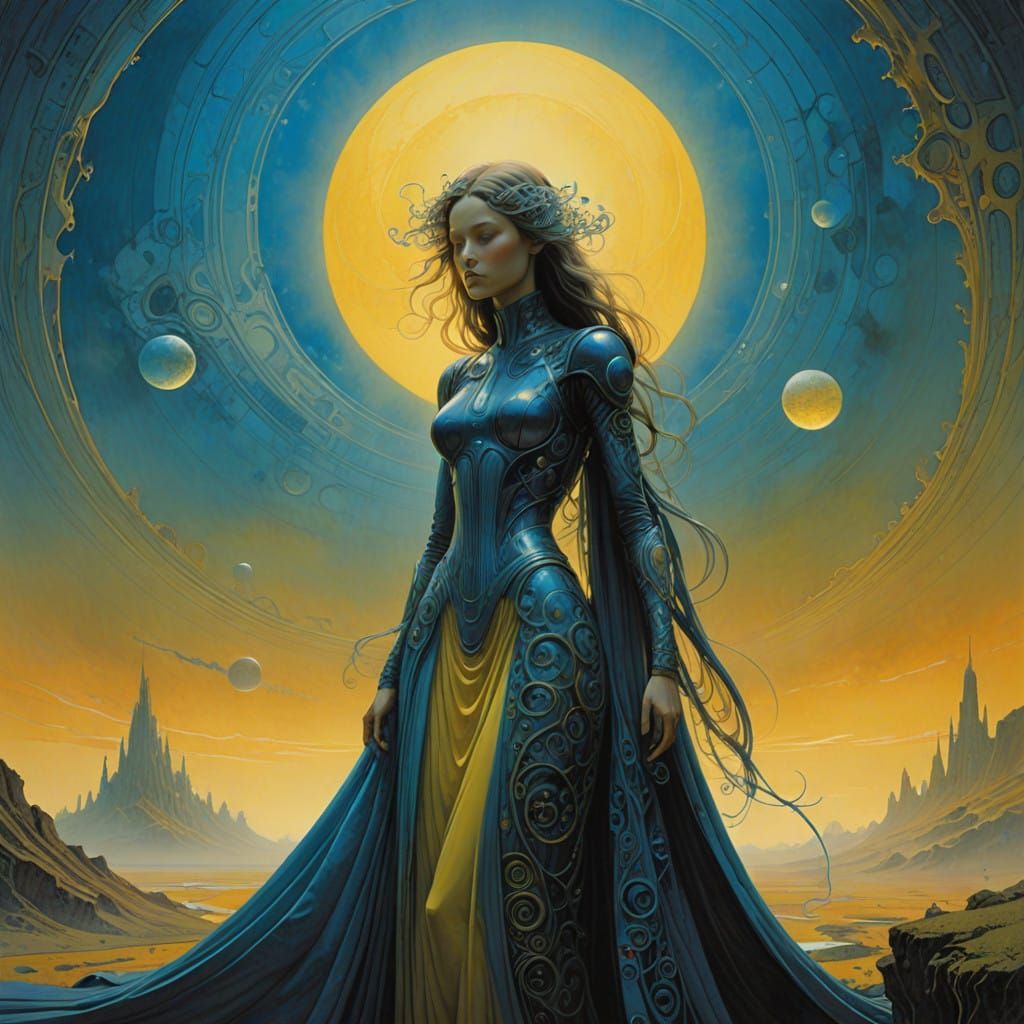 Ethereal Goddess in Iridescent Gown, Floating Amidst Celesti...