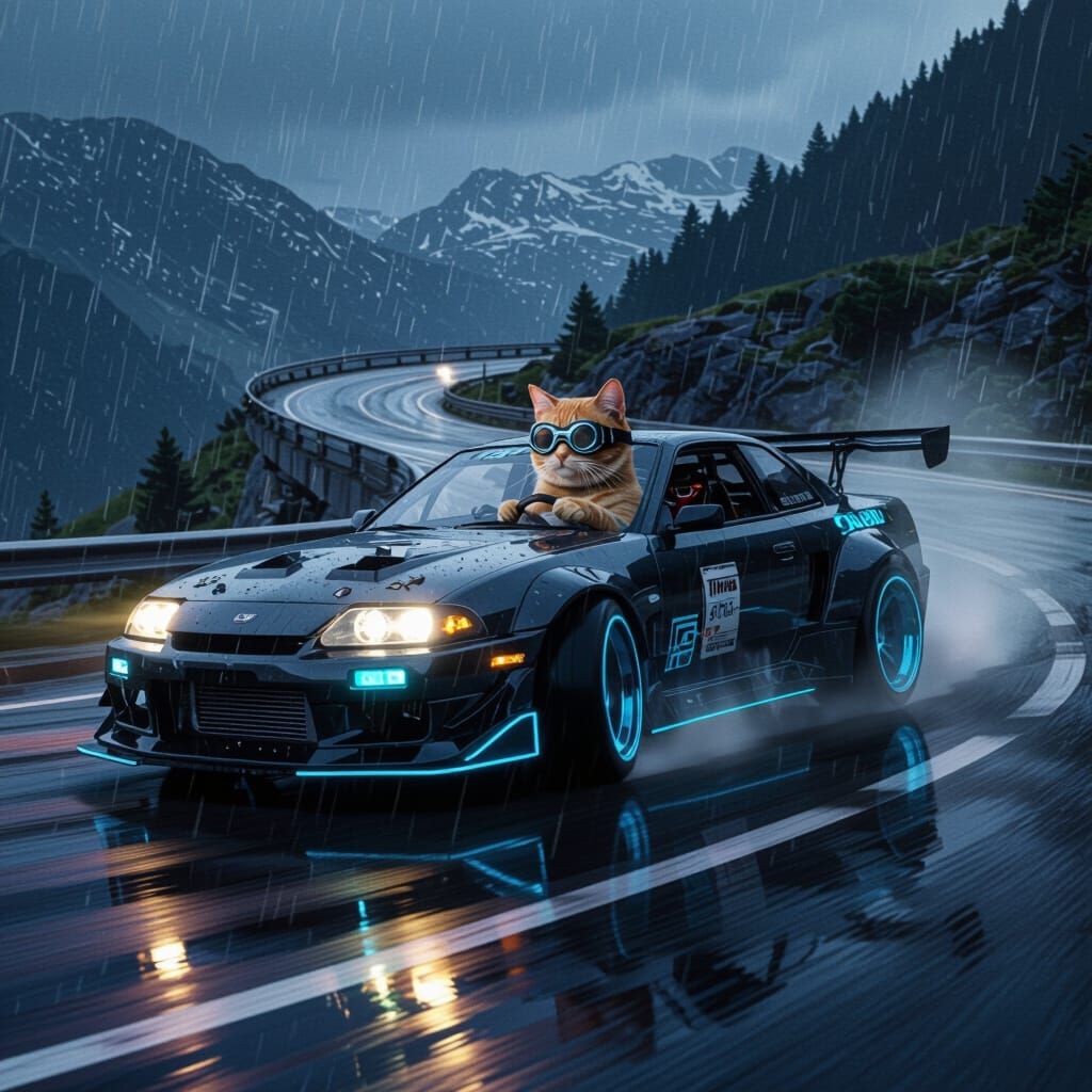 Futuristic Drift Car Driven By Cat on Rainy Mountain Road