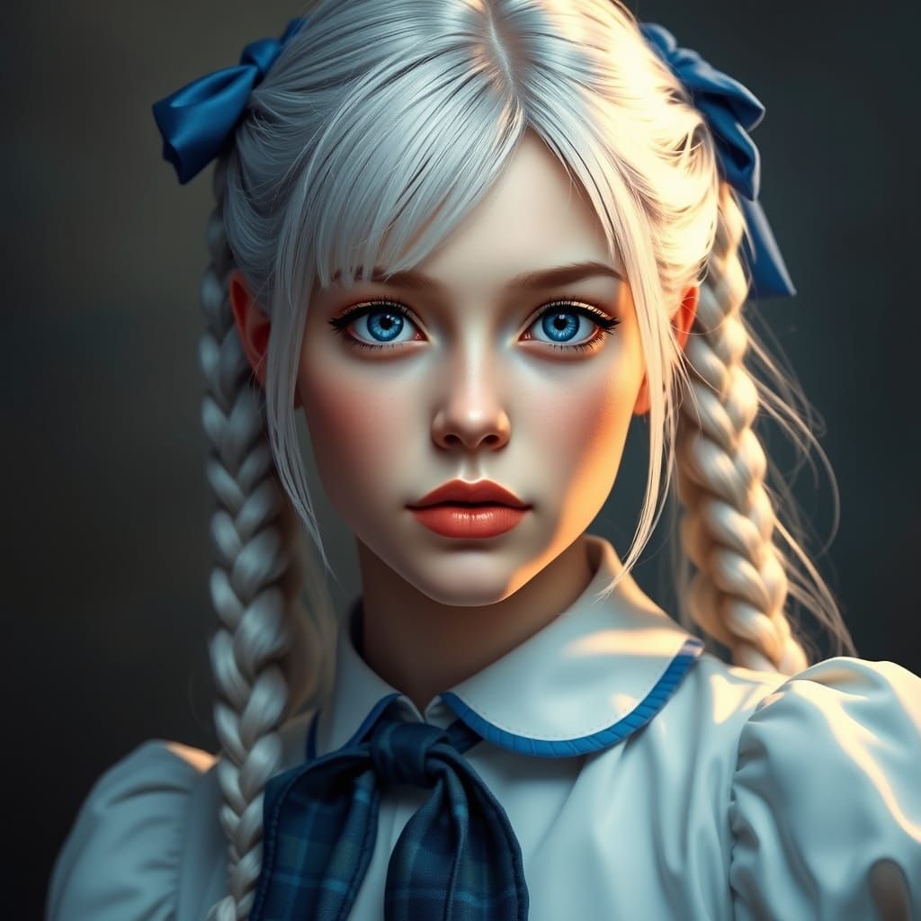 Surreal 19-Year-Old Woman in Blue Tartan Tie