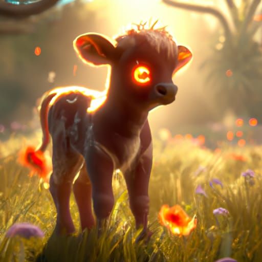 Fluffy Baby Cow in Sunny Meadow: Fantasy Art