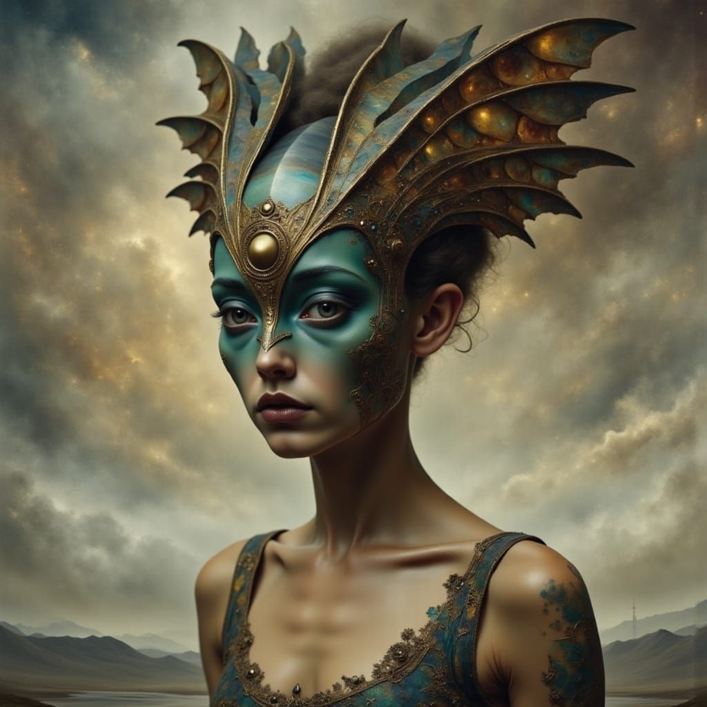 <lora:FractaLumen:1.0> <lora:Alien:1.0> Alien, brushstrokes, Katia Chausheva, Dina Wakley, ethereal, fantastical, Gabrie...