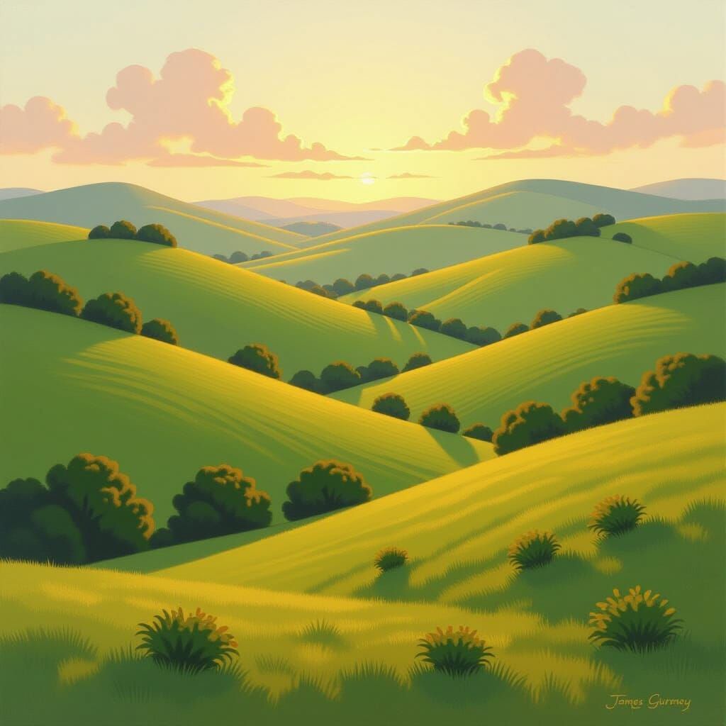 Rolling Hills Landscape in Impressionist Style